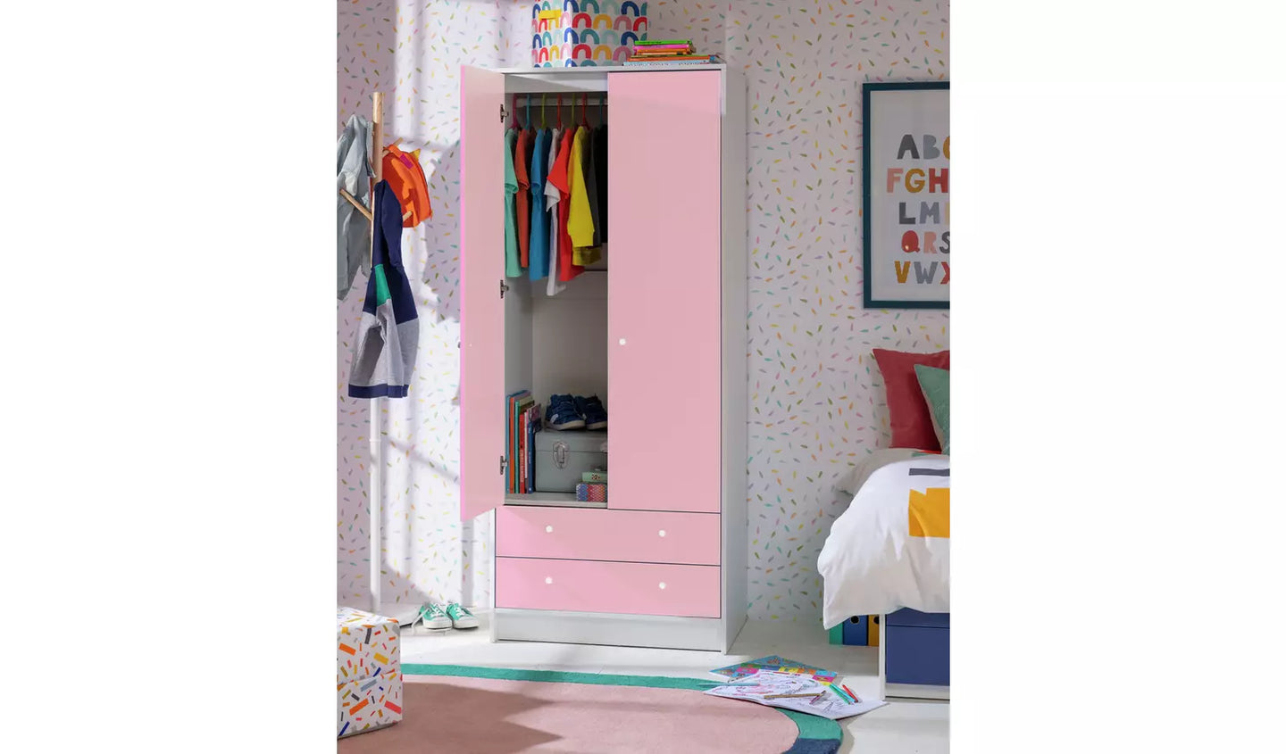 Kids Malibu 2 Door 2 Drawer Wardrobe - Pink & White